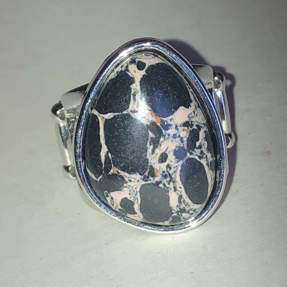 Silver Tone Black Marble Stone Cocktail Ring